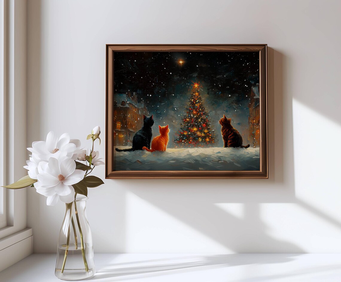 Cats And Christmas Tree, Impressionist Holiday Art Print - Image 6