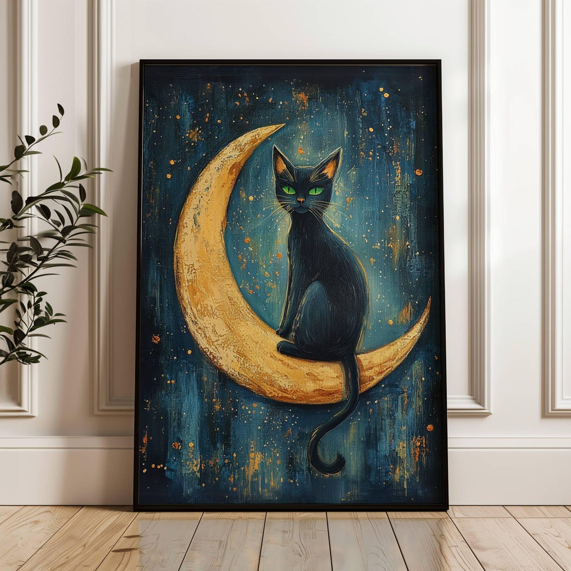 Black Cat Sitting on a Golden Crescent Moon Starry Night Poster - Image 2
