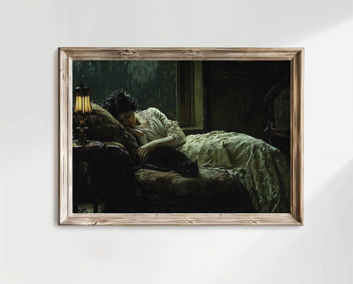 Victorian Woman Sleeping Beside a Black Cat in a Rainy Night Poster - Image 3