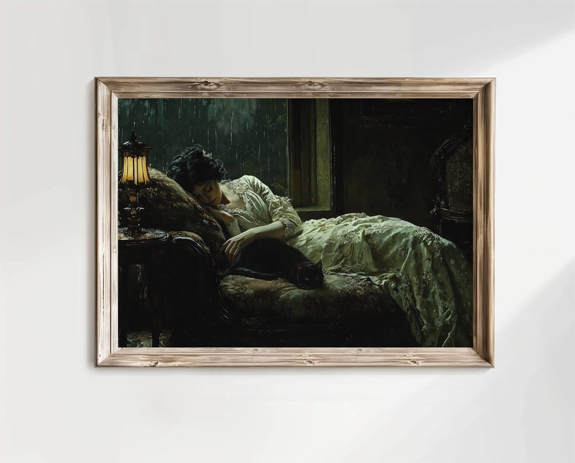 Victorian Woman Sleeping Poster Black Cat Art Moody Rainy Day Decor Dark Atmosphere Wall Art Gothic Print Unframed - Image 3