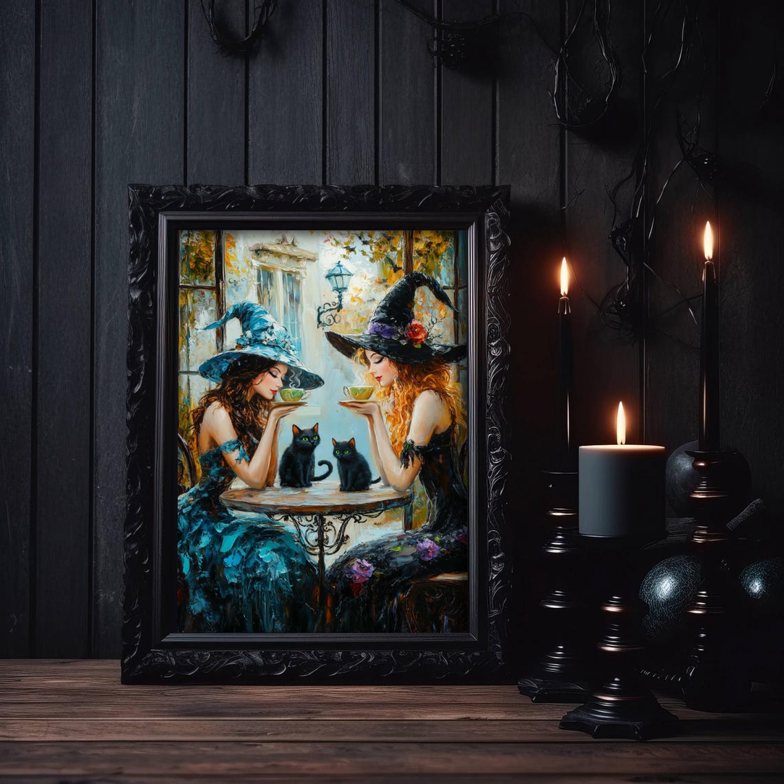Two Witches Sharing Tea With Black Cats at a Sunlit Cafe Poster - Image 5