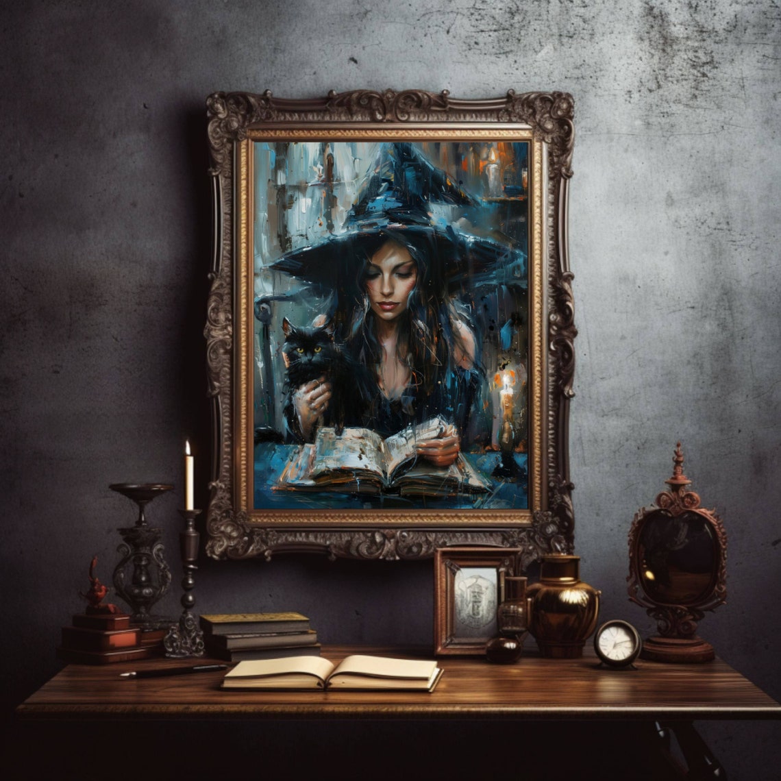 Witch Reading A Spellbook By Candlelight With Black Cat Poster - Image 4