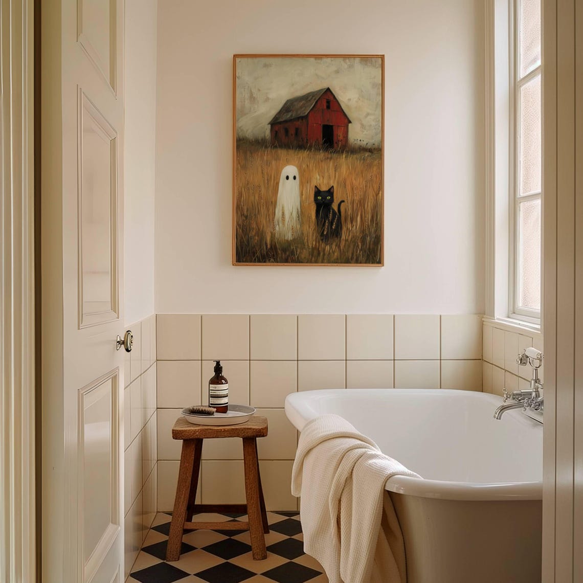 Ghost And Black Cat In A Wheat Field By A Rustic Red Barn Poster - Image 6