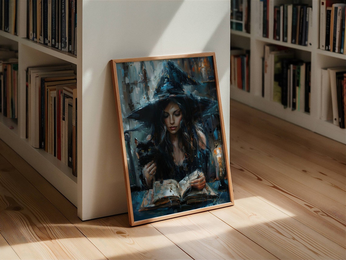 Witch Reading A Spellbook By Candlelight With Black Cat Poster - Image 3