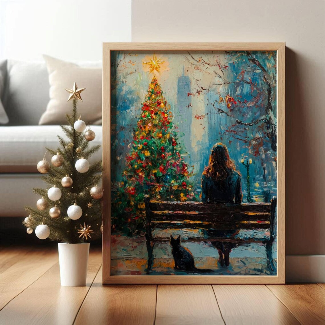 Woman in City Park, Impressionist Christmas Art Print - Image 4