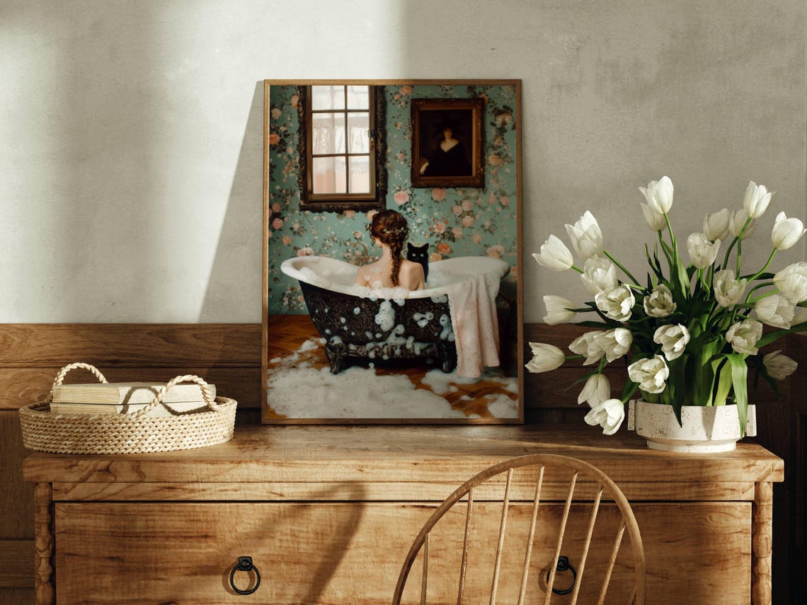 Woman in a Bubble Bath With a Black Cat Vintage Bathroom Poster - Image 4