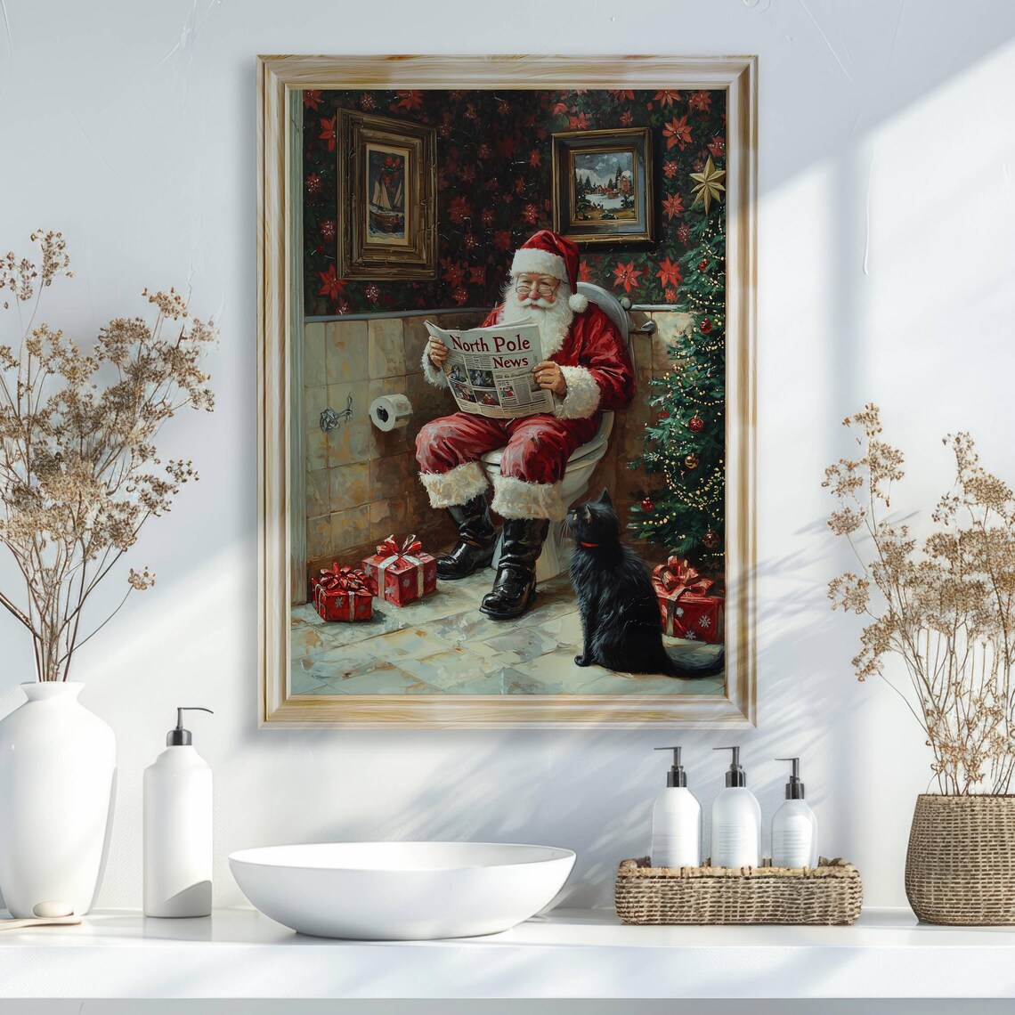 Santa Claus and Black Cat Bathroom Christmas Poster - Image 2