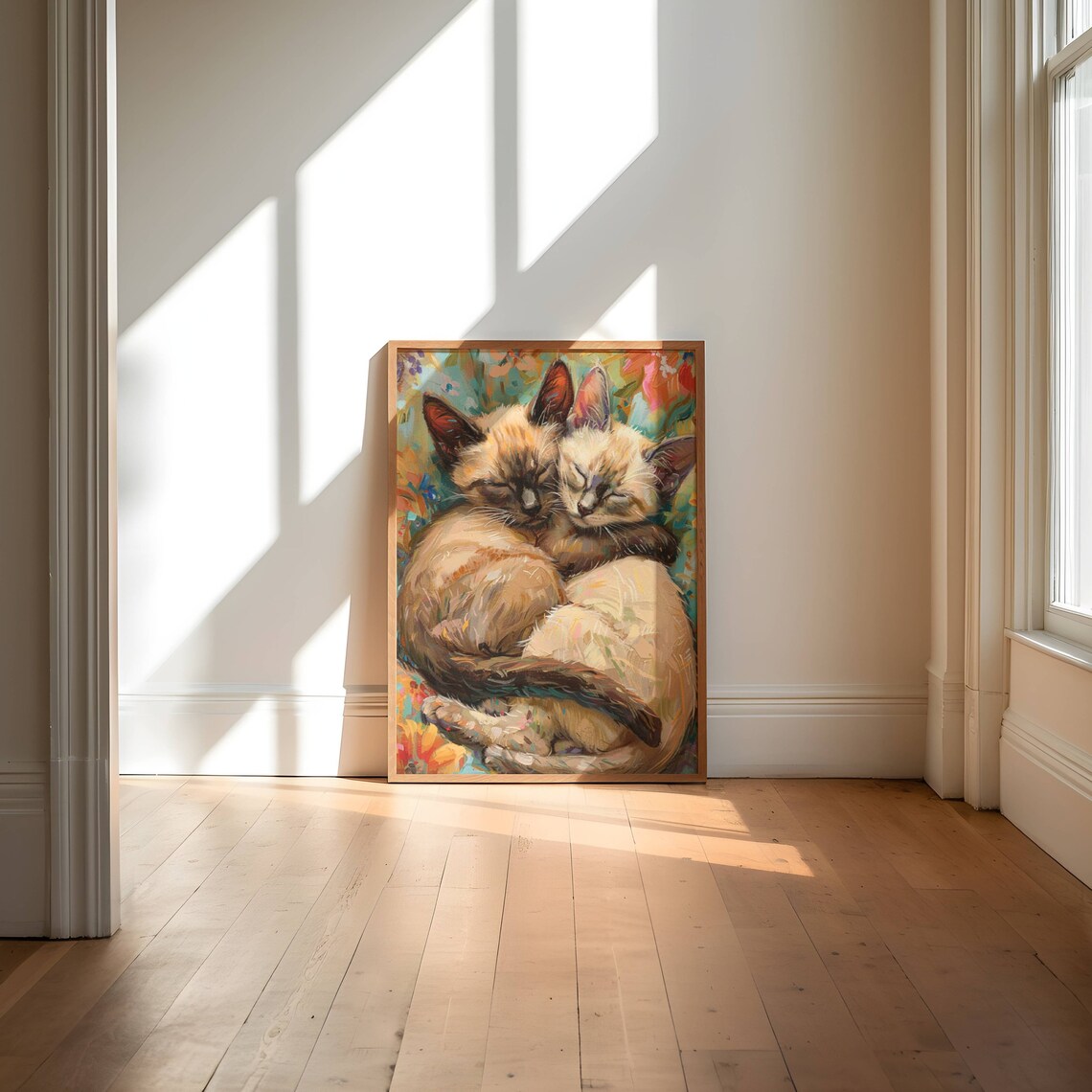 Two Sleeping Siamese Kittens Curled Up in Colorful Painterly Art Poster - Image 5