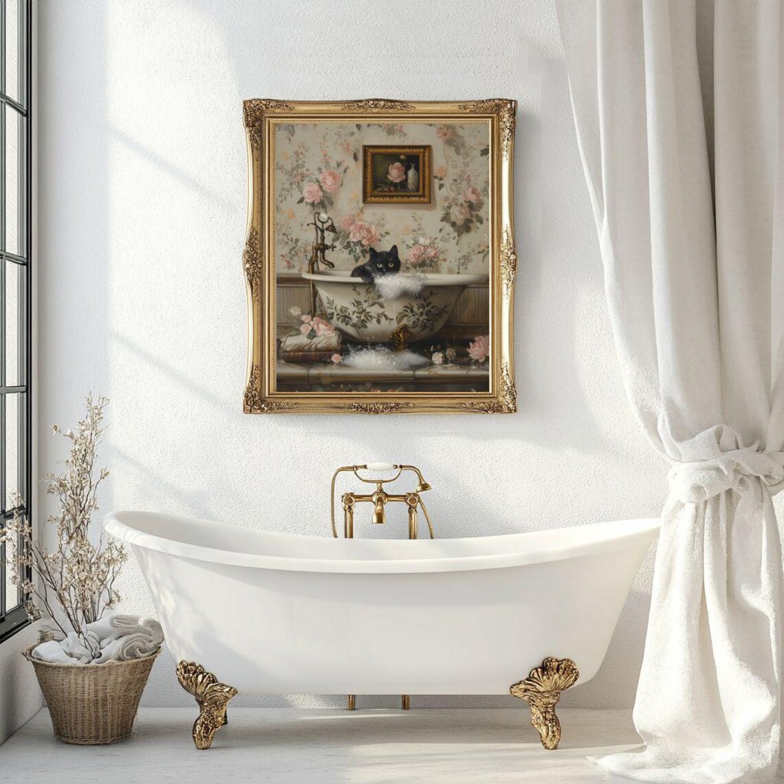 Black Cat in Bathtub, Whimsical Bathroom Art Print - Image 3