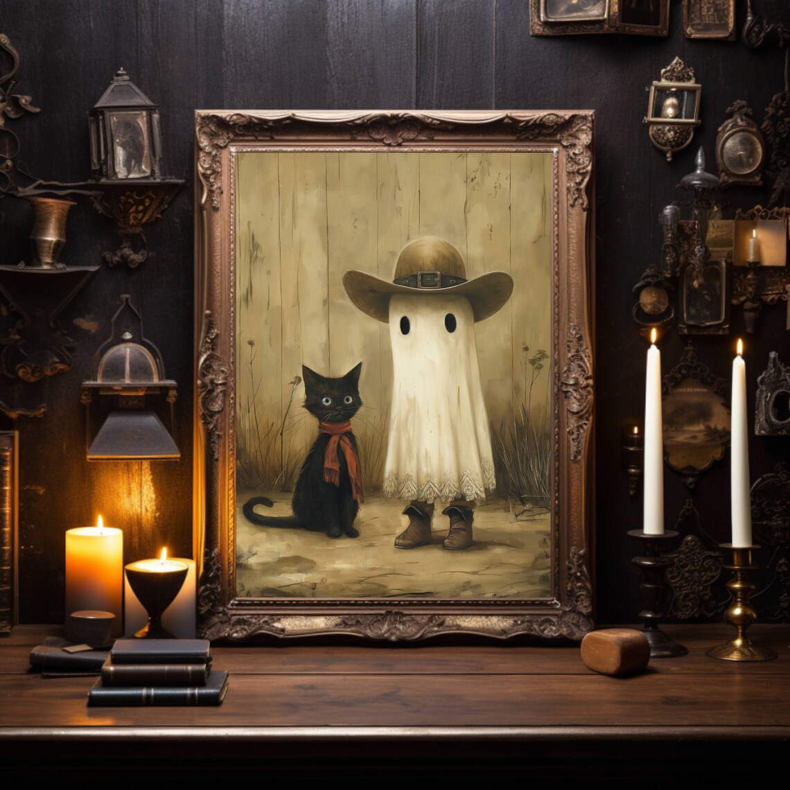 Cowboy Ghost And Black Cat Halloween Art Print - Image 4