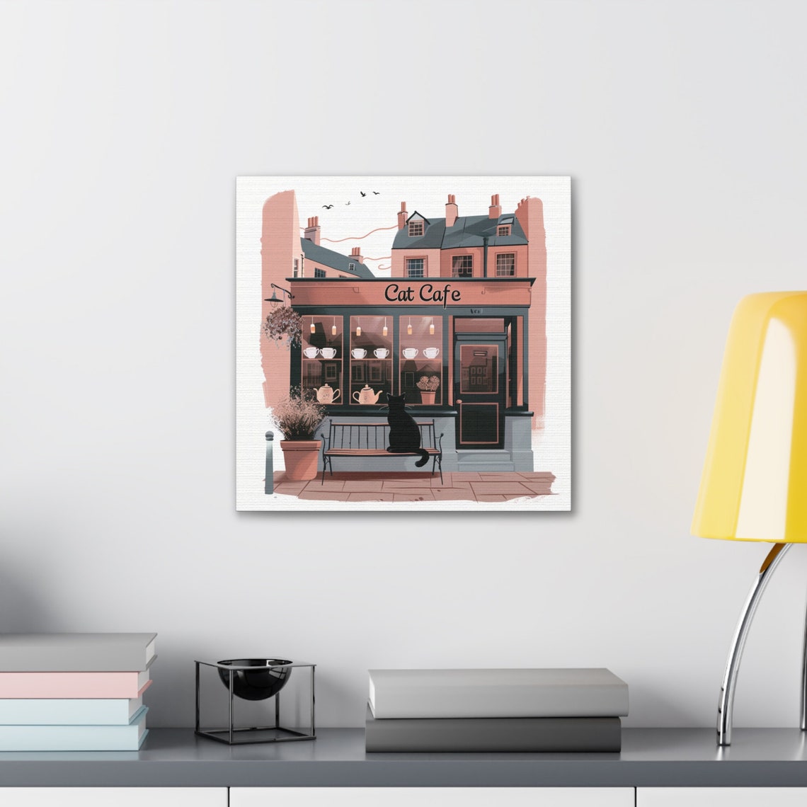 Cat Cafe Storefront With Black Cat on Bench Coffee Shop Poster - Image 4
