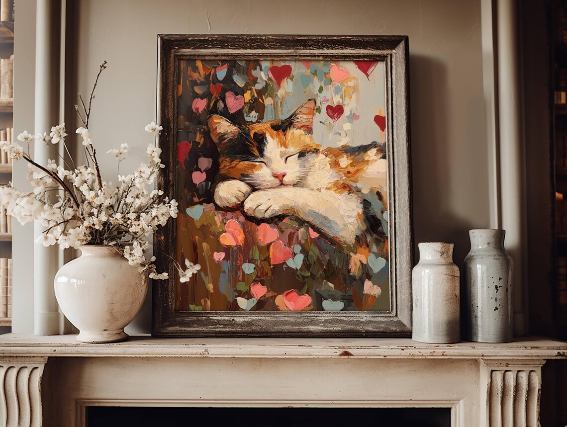 Calico Cat Valentine Print, Rustic Farmhouse Cat - Image 2