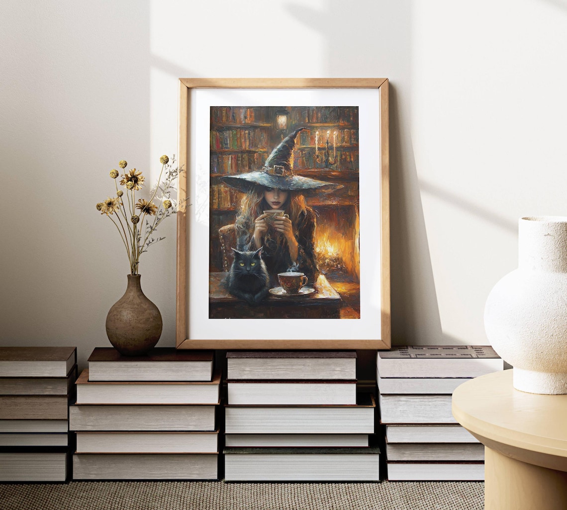Whimsigoth Witch Tea in Library, Black Cat Art Print - Image 4