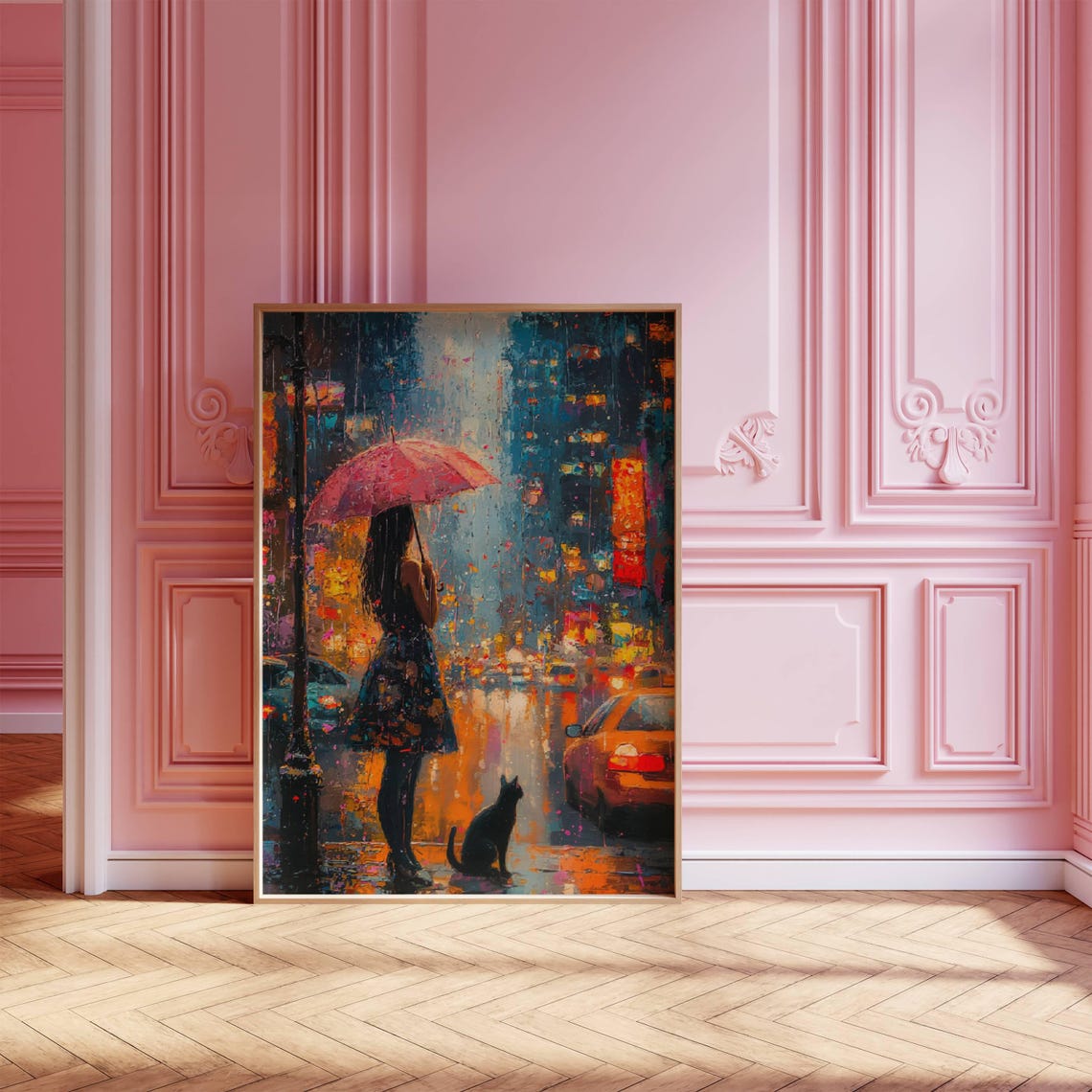 Impressionist Girl And Cat In Rain Poster Cityscape Wall Art Decor Moody Home Decor - Image 6