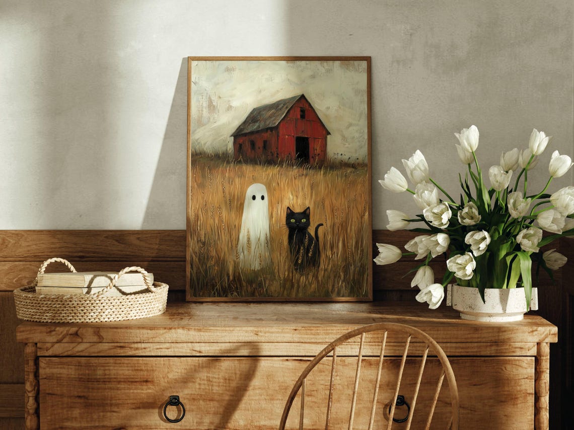 Ghost And Black Cat In A Wheat Field By A Rustic Red Barn Poster - Image 4