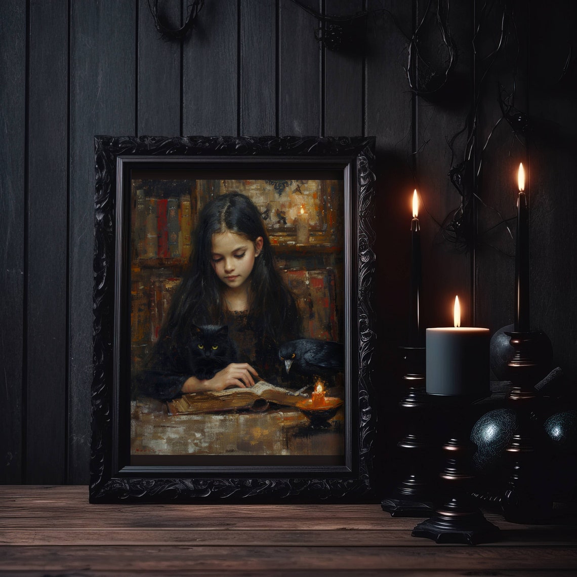 Girl Reading by Candlelight With a Black Cat and Crow Poster - Image 6