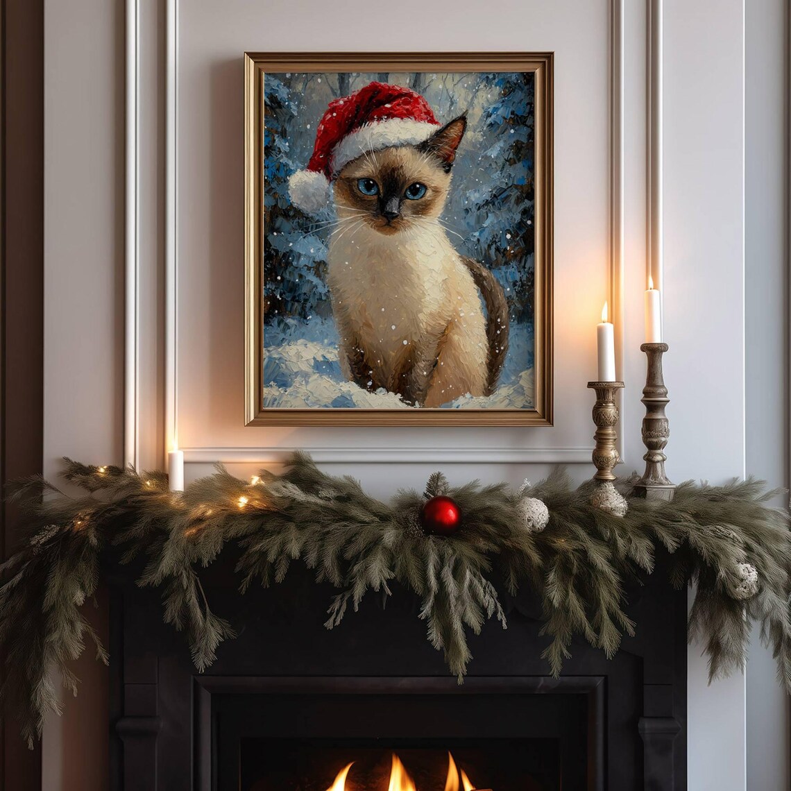 Siamese Kitten In Santa Hat Christmas Art Print - Image 7
