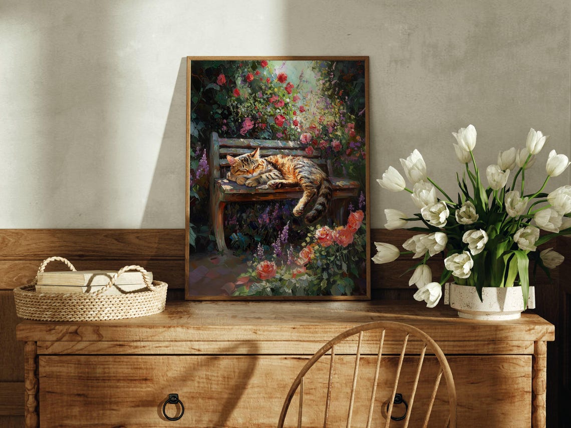 Sleeping Tabby Cat on a Garden Bench Among Roses and Lavender Poster - Image 2