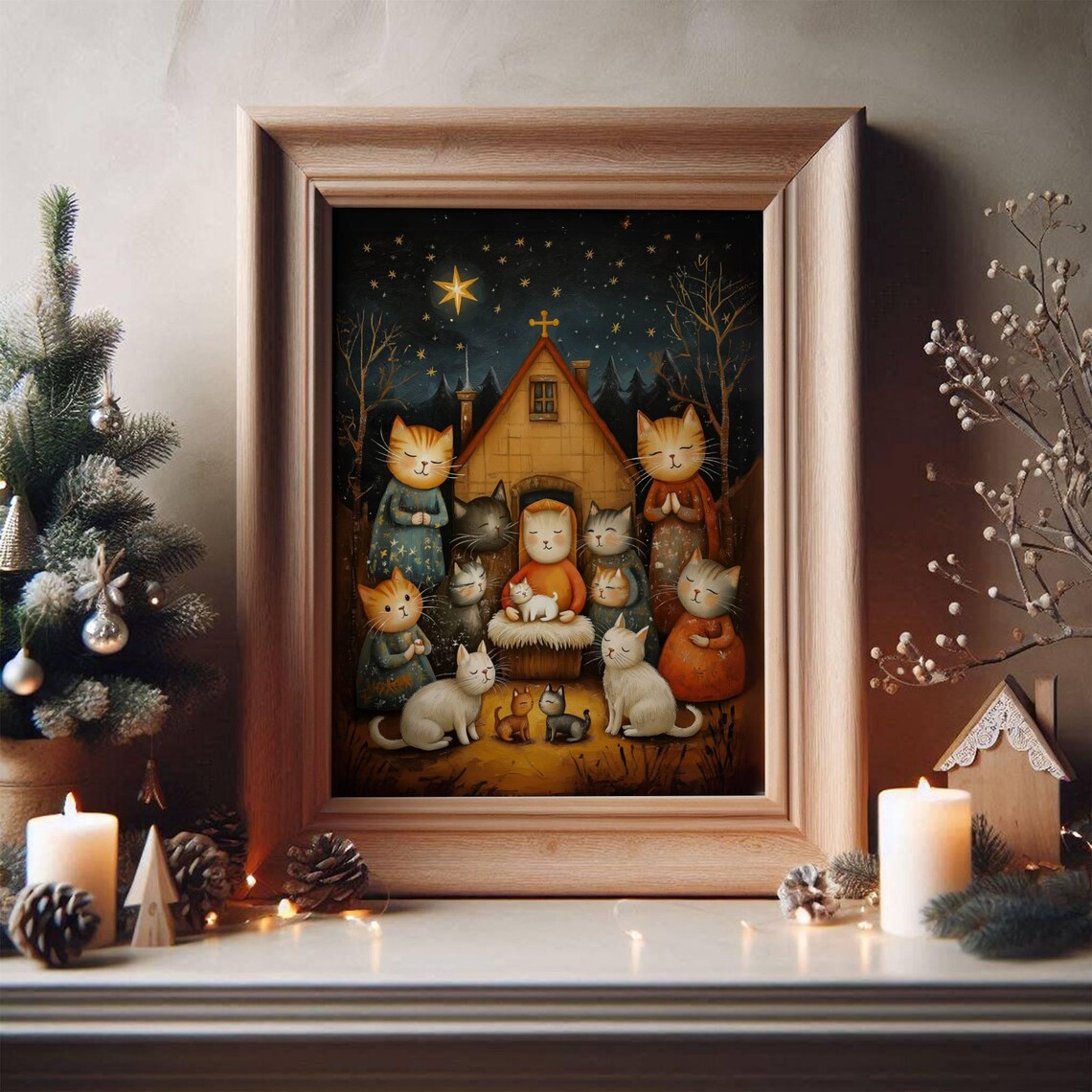 Folk Art Cat Nativity Scene Christmas Poster - Image 5