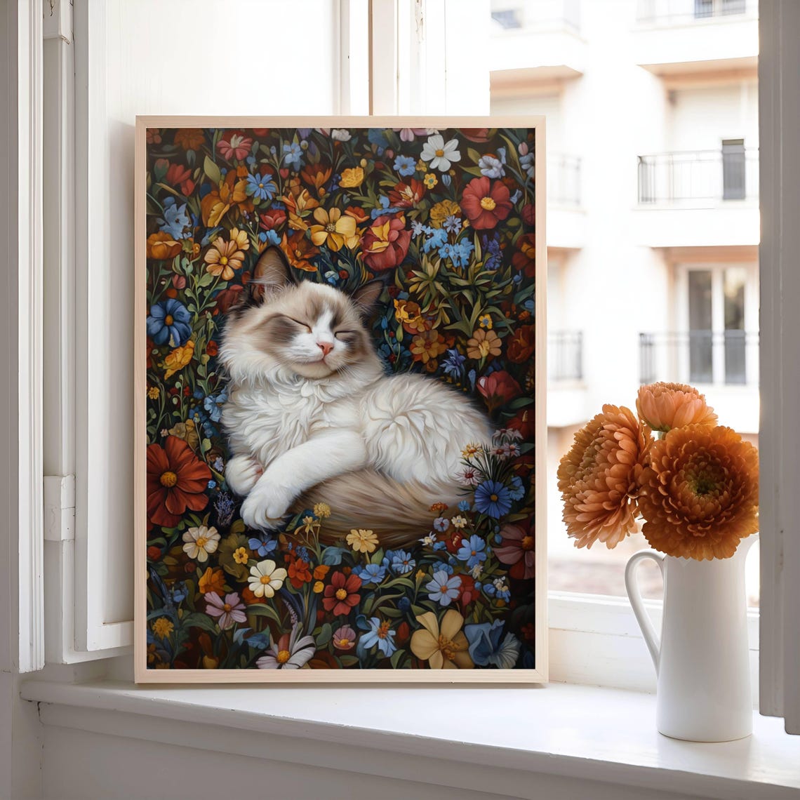 Sleeping Ragdoll Cat Nestled in a Colorful Wildflower Garden Poster