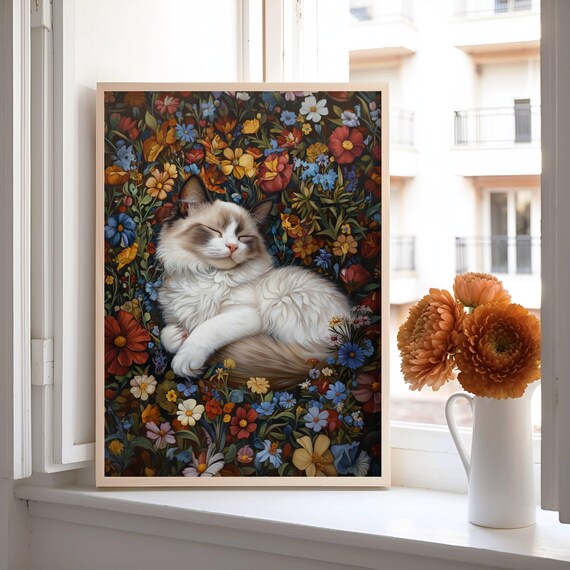Sleeping Ragdoll Cat Nestled in a Colorful Wildflower Garden Poster