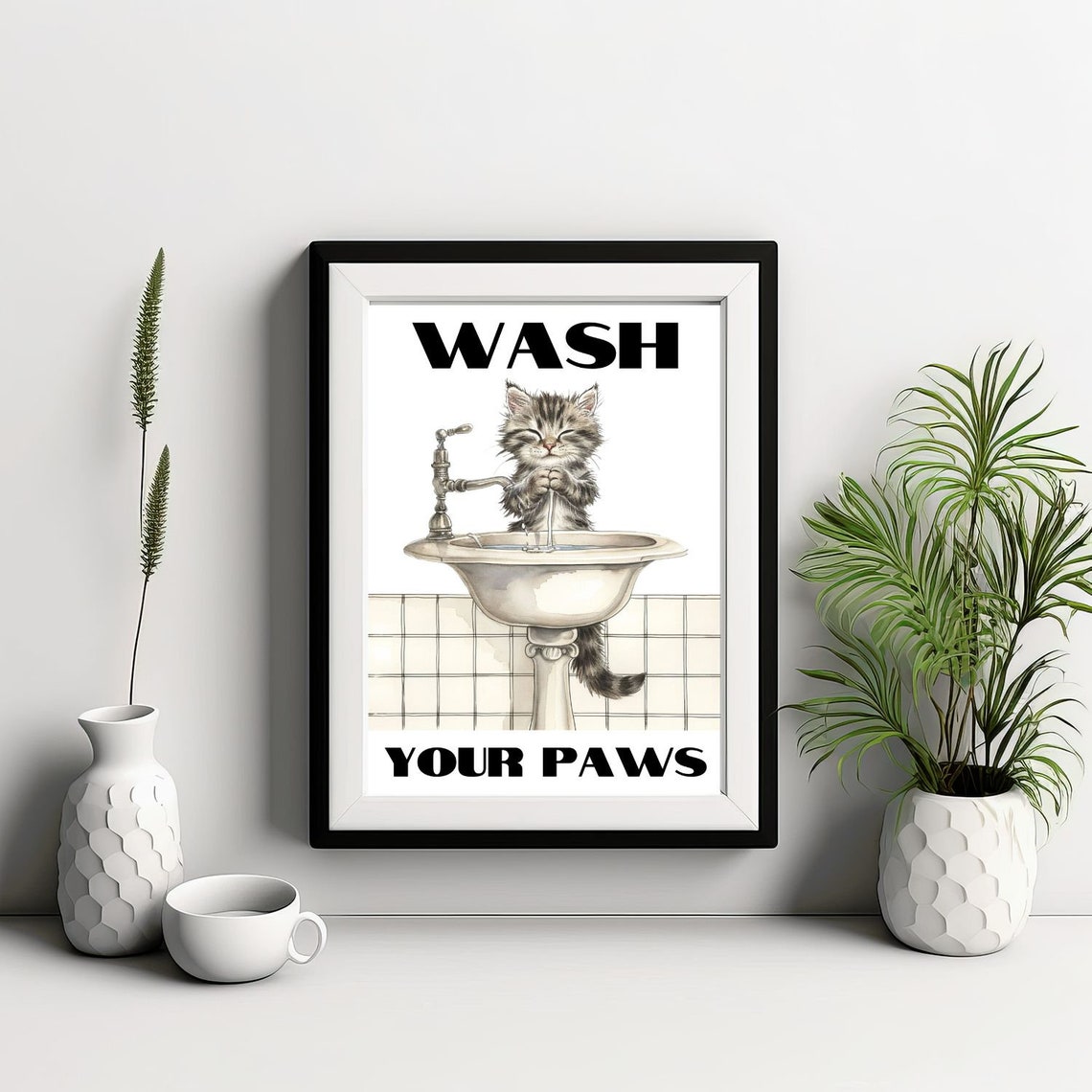 Cute Kitten Washing Its Paws 'Wash Your Paws' Bathroom Humor Poster - Image 3