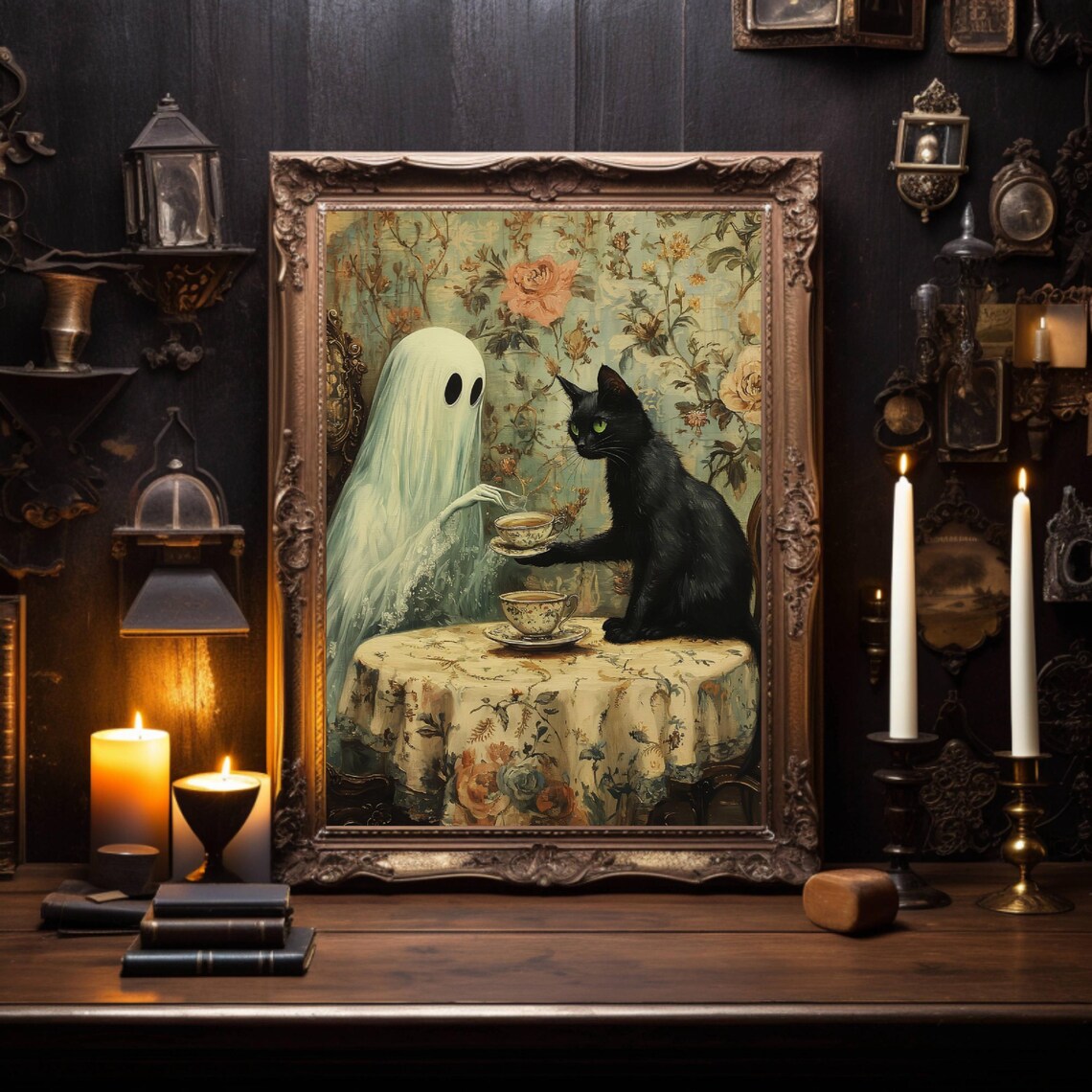Ghost And Black Cat Teatime, Spooky Halloween Art Print - Image 6