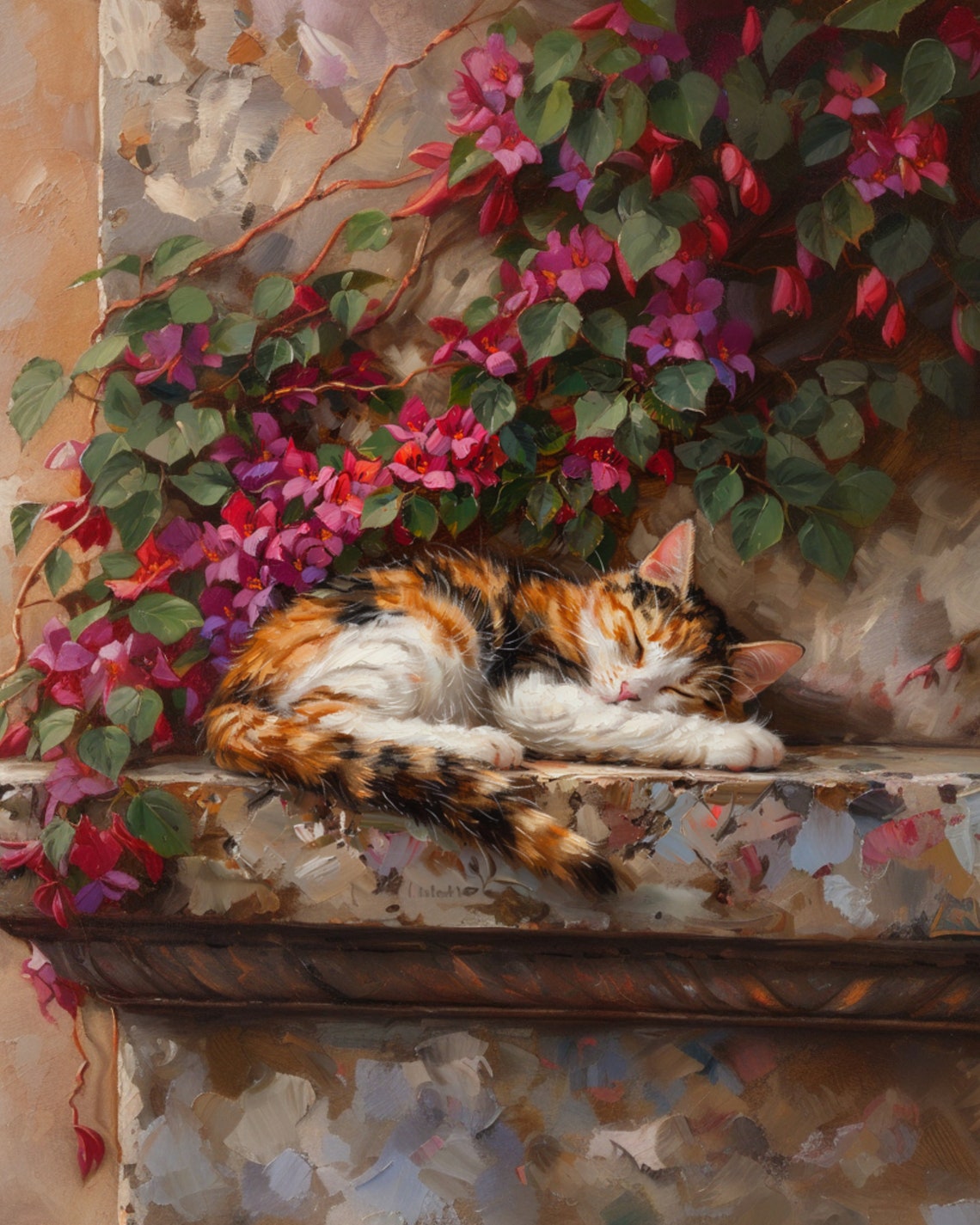 Calico Cat Sleeping On A Ledge Under Pink Bougainvillea Vines Poster - Image 6