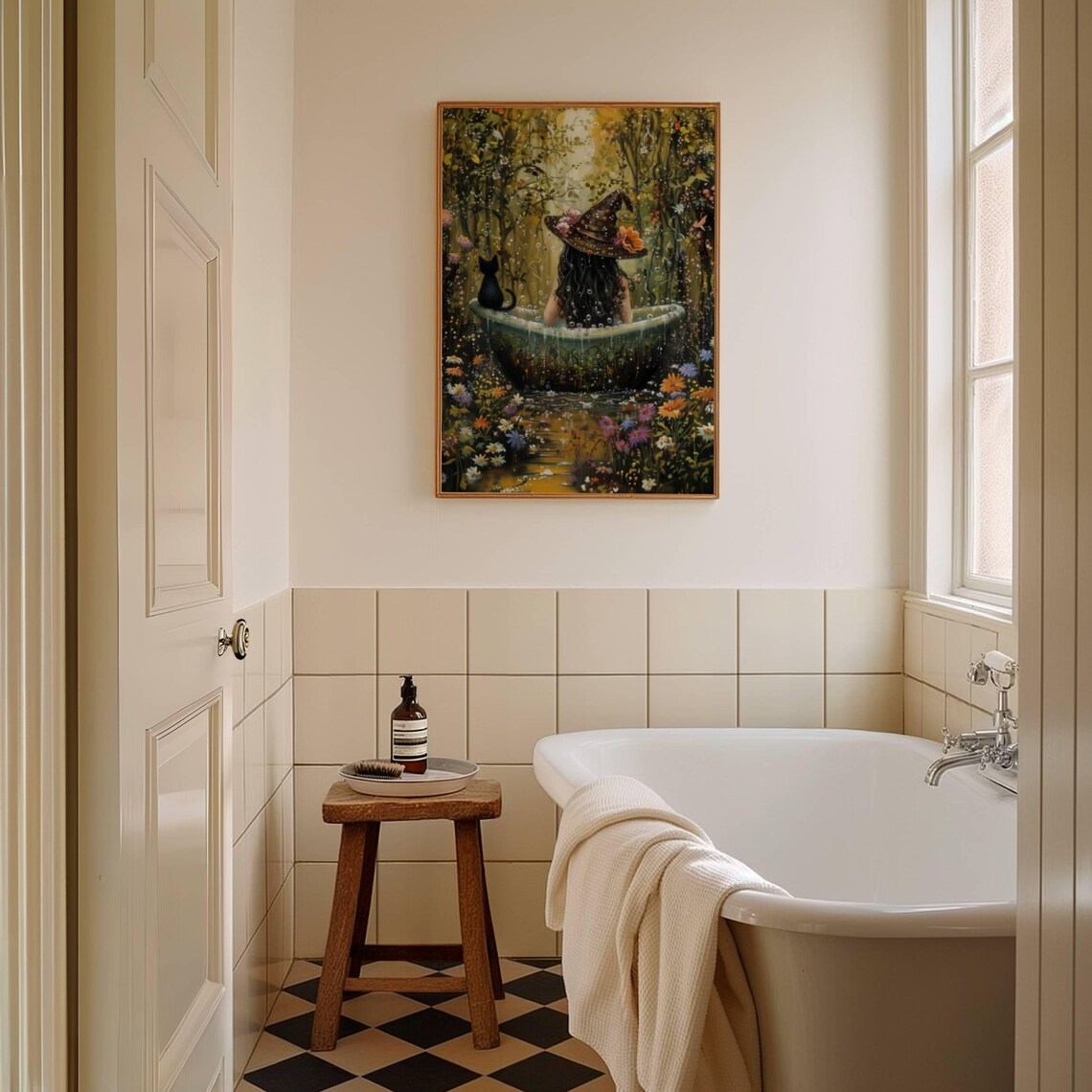 Witch Bathing Outdoors in a Flower Garden With Her Black Cat Poster - Image 3