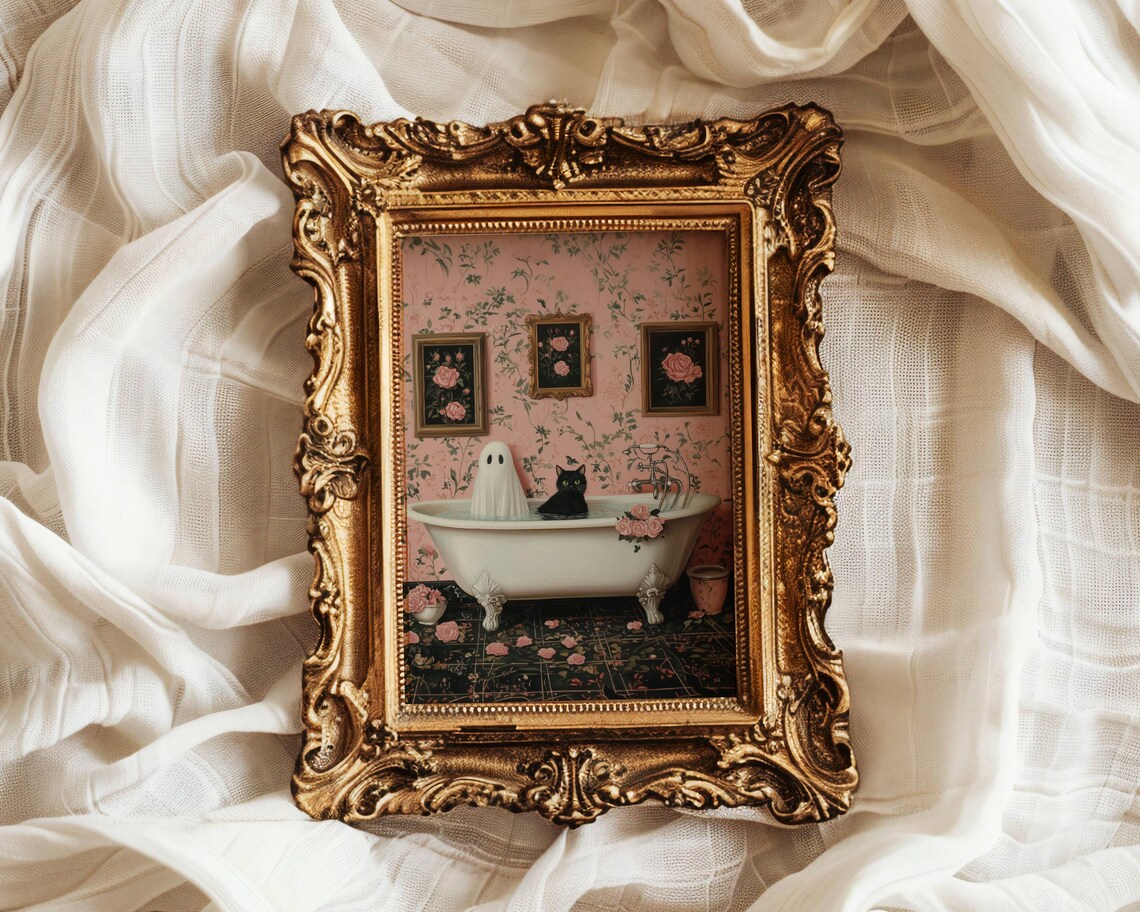 Ghost and Black Cat in a Clawfoot Tub With Pink Floral Wallpaper Poster - Image 7