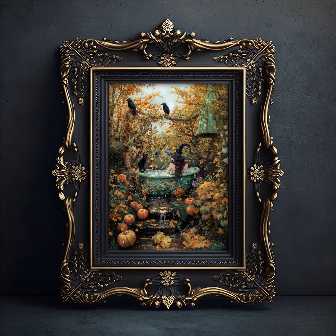 Witch In Bathtub Cat Art Print, Halloween Decor - Image 7
