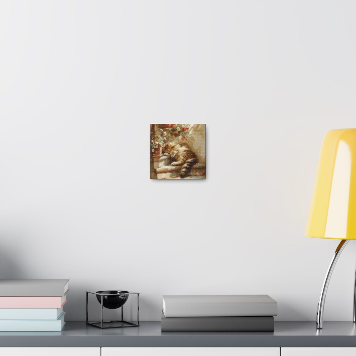 Fluffy Tabby Kitten Sleeping on Stone Steps with Flowers Poster - Image 4
