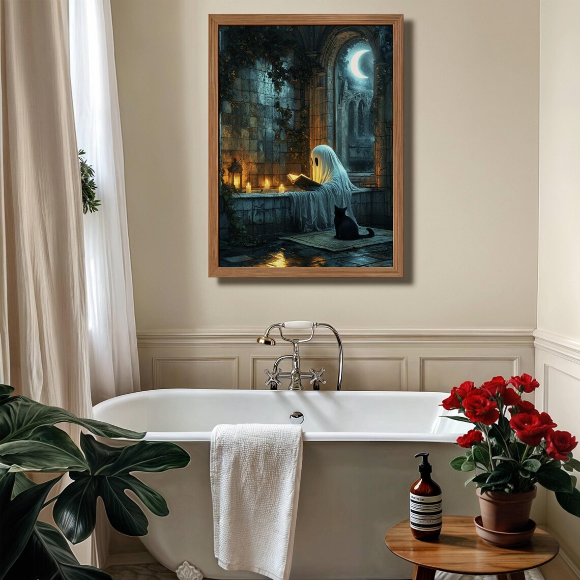 Draped Ghost Reading by Candlelight With a Black Cat in a Gothic Chapel Poster - Image 5