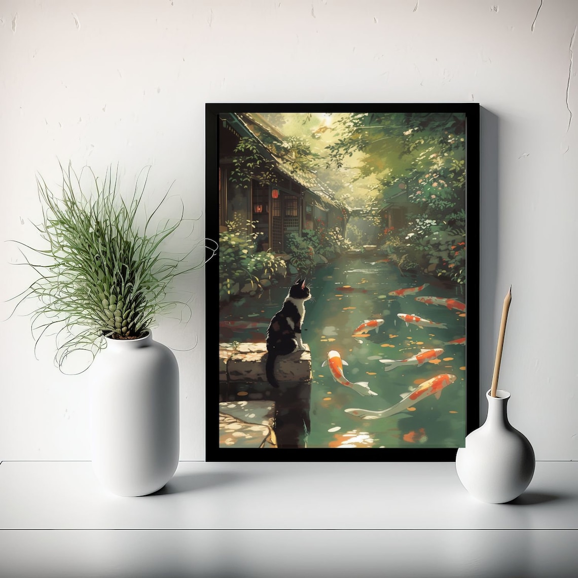 Cat and Koi Pond Cat Art Print, Cats & Wildlife - Image 3