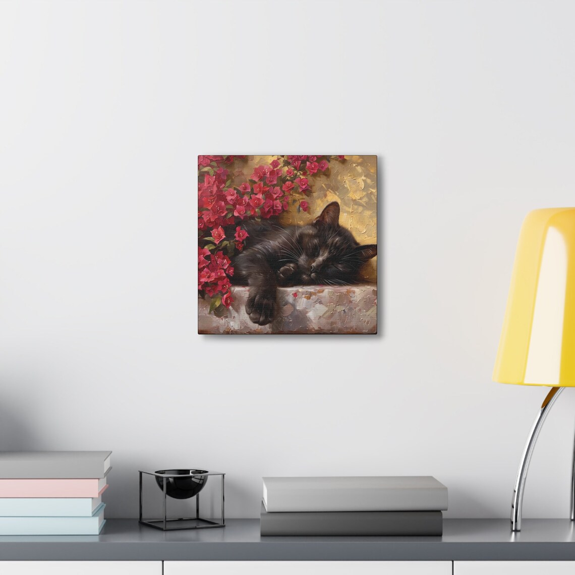 Black Cat Sleeping Among Red Bougainvillea Flowers Oil Painting Poster - Image 6
