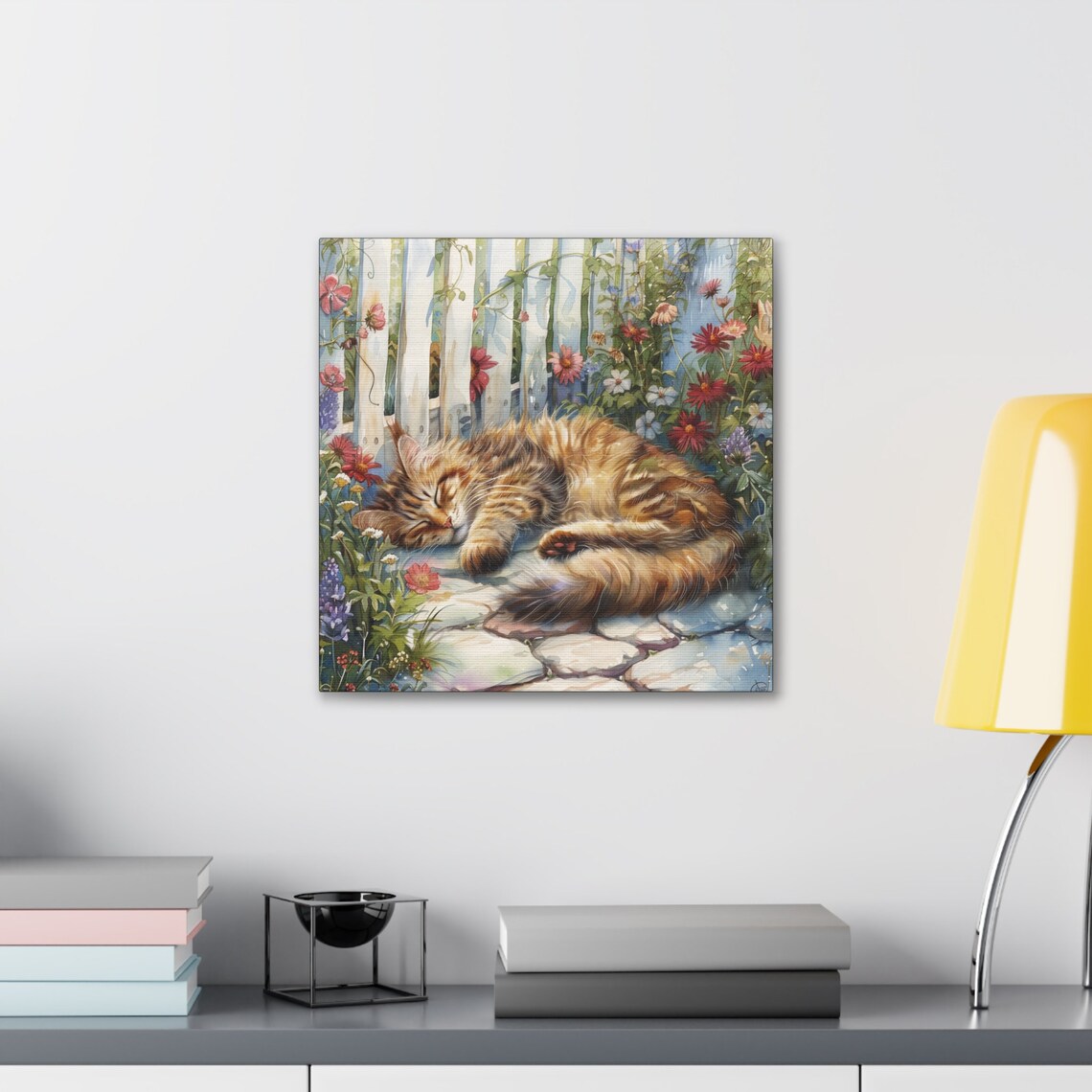 Tabby Cat Sleeping on a Stone Path in a Flower Garden Poster - Image 3