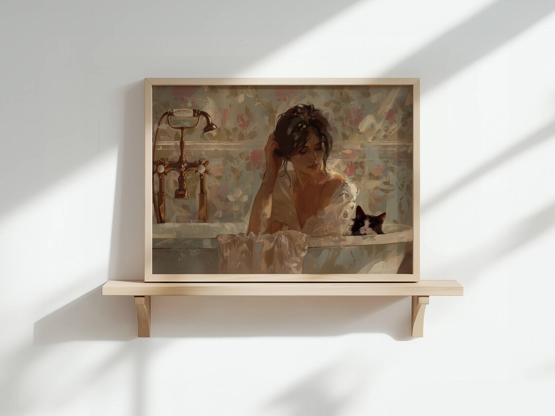 Elegant Woman Soaking in a Vintage Clawfoot Bathtub With a Tuxedo Cat Poster - Image 3