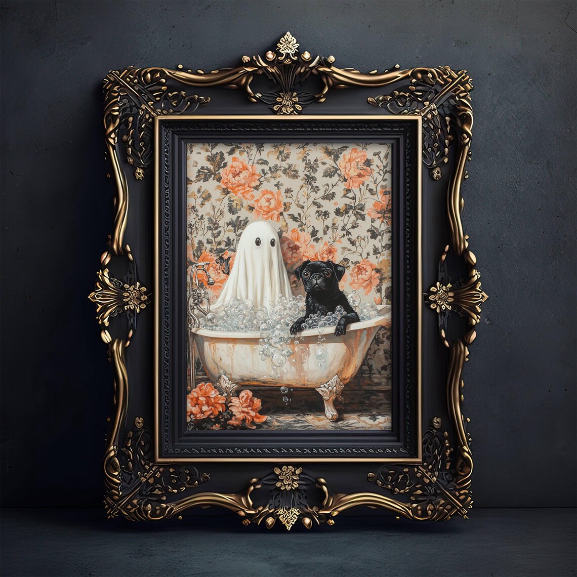 Ghost And Black Pug In Bathtub Wall Art Print