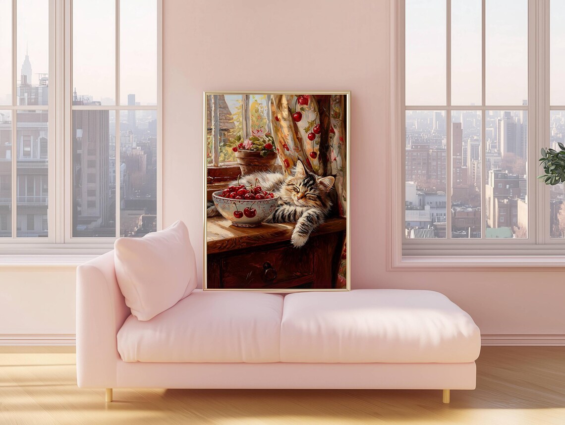 Tabby Cat Farmhouse Kitchen Art Print with Cherries - Image 6