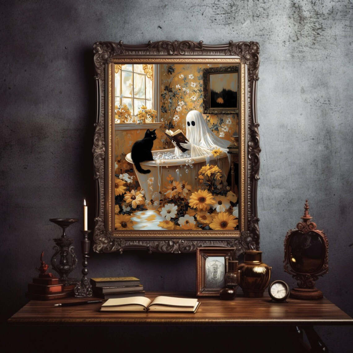 Ghost Reading in Bath, Whimsigoth Cat Wall Art Print - Image 3