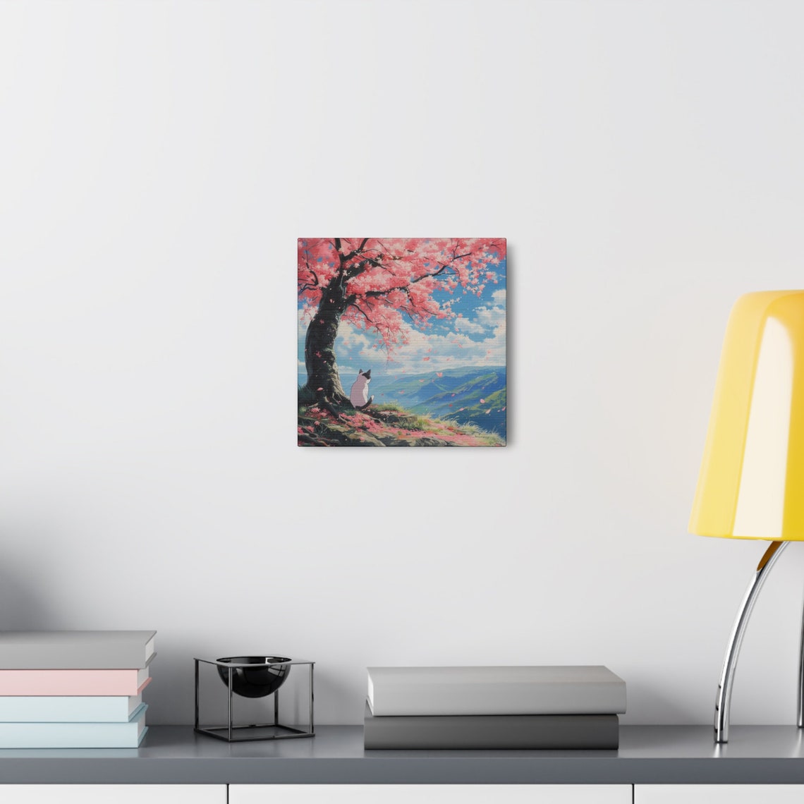 White Cat Under a Cherry Blossom Tree Overlooking Mountains Poster - Image 5
