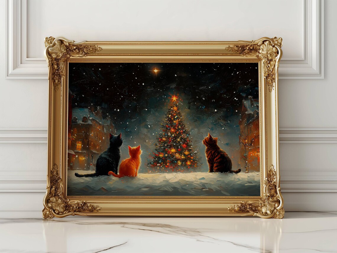 Cats And Christmas Tree, Impressionist Holiday Art Print - Image 3