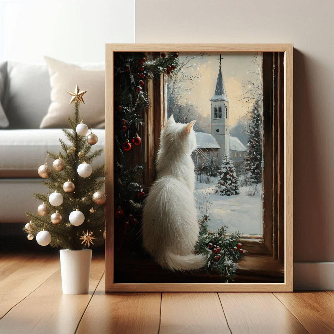 White Cat Farmhouse Christmas Poster, Rustic Holiday - Image 6