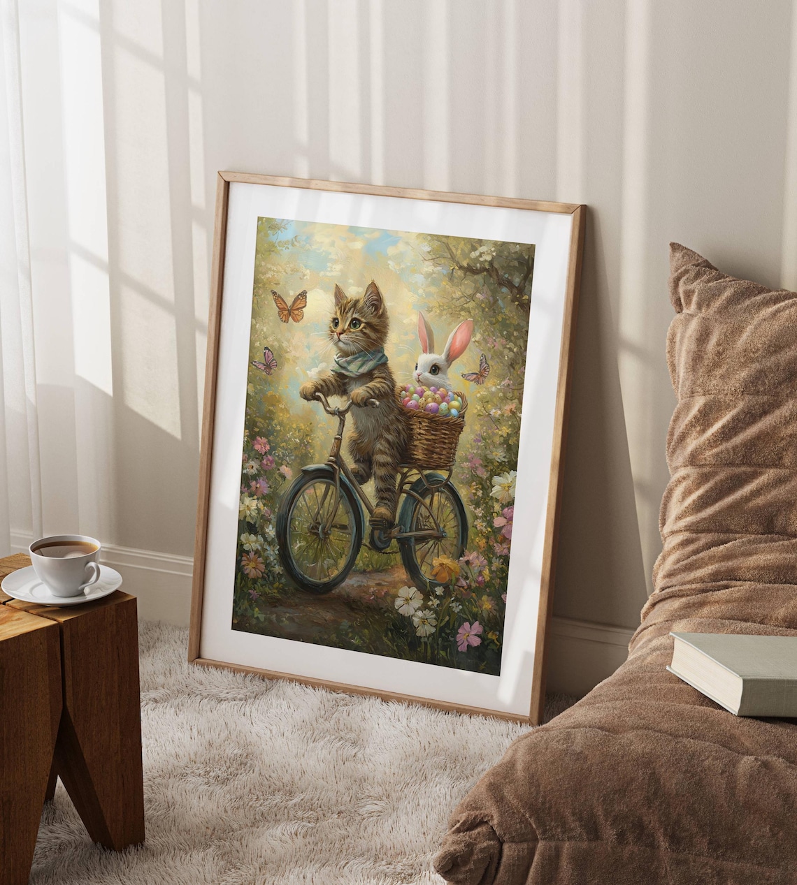 Tabby Cat and Bunny Easter Bike Ride, Floral Poster - Image 3