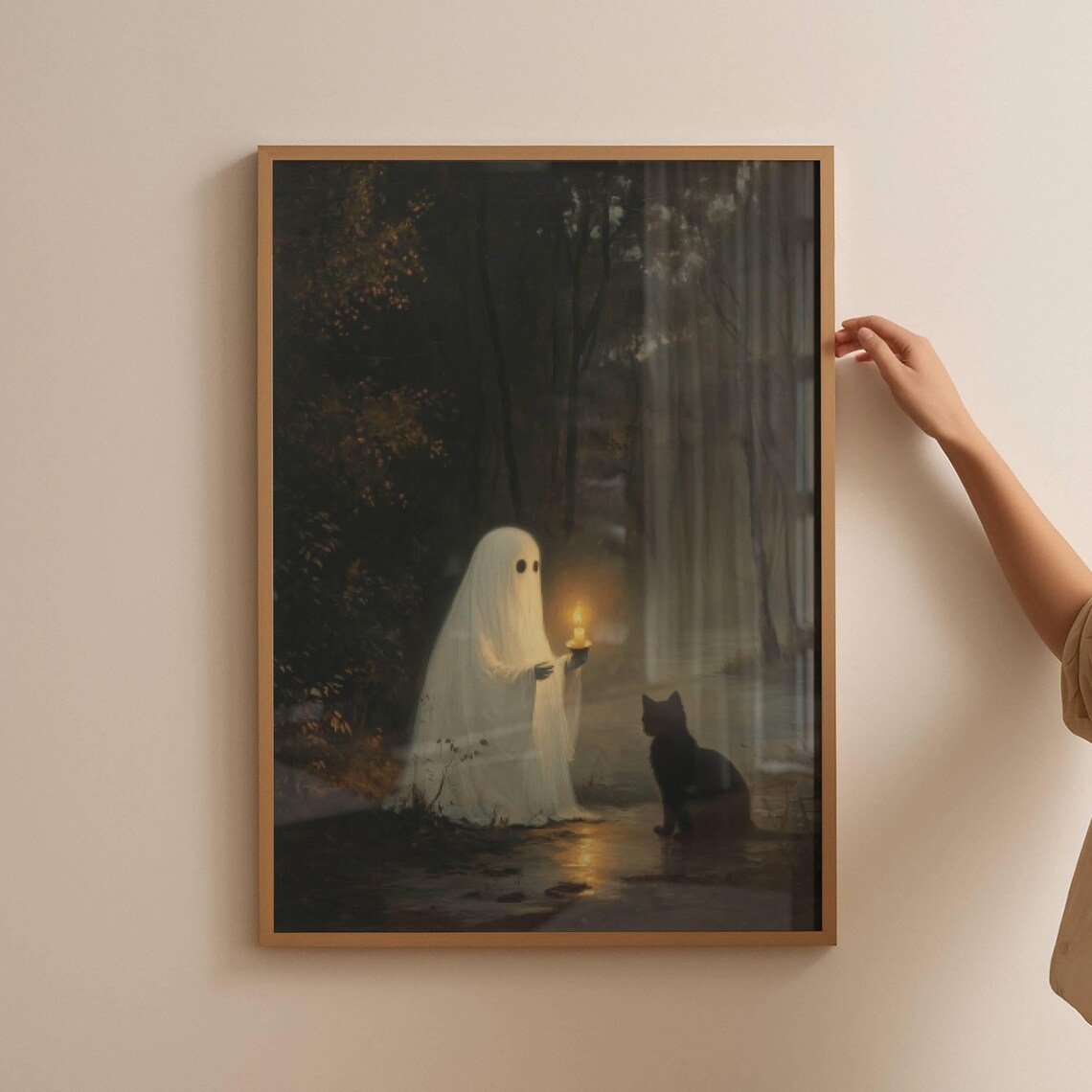 Ghost Holding A Candle In A Dark Forest Beside A Black Cat Poster - Image 3