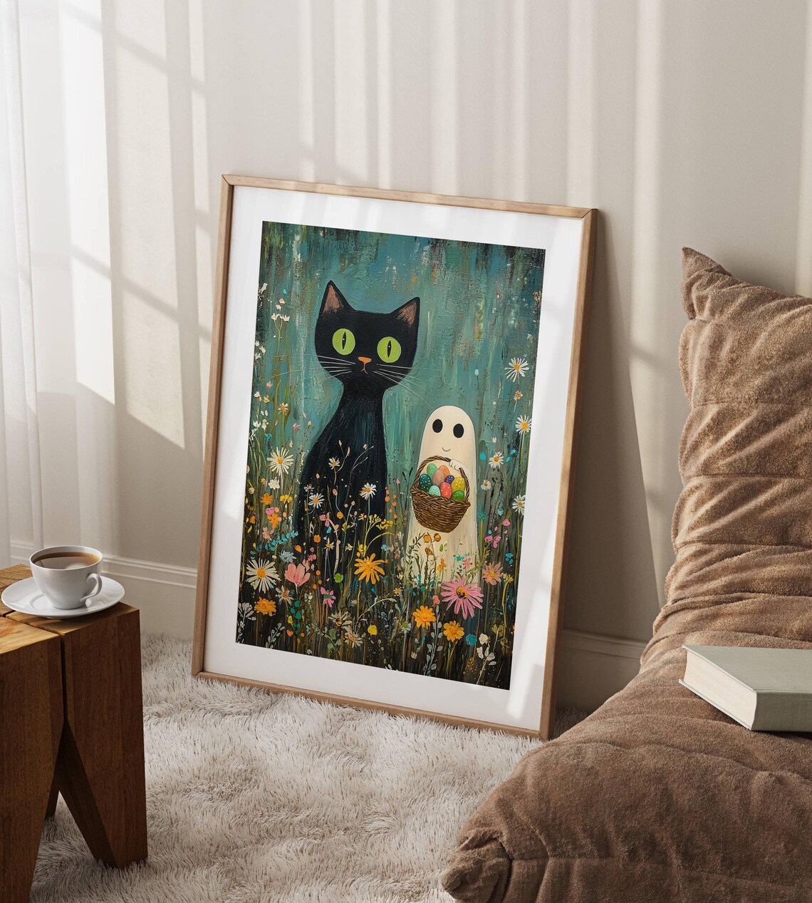 Black Cat and Tiny Ghost Hunting Easter Eggs Among Spring Wildflowers Poster - Image 5