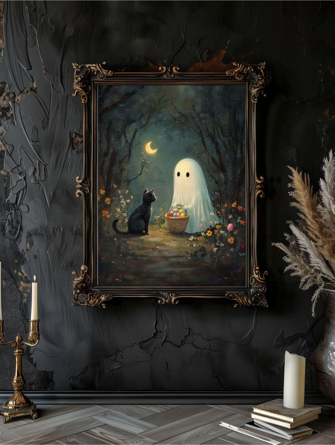 Ghost With an Easter Basket and Black Cat by Moonlight Poster - Image 2