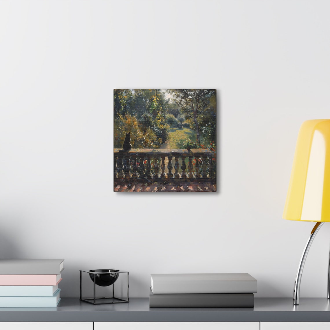 Black Cat Overlooking A Sunlit Garden From A Stone Balcony Poster - Image 6