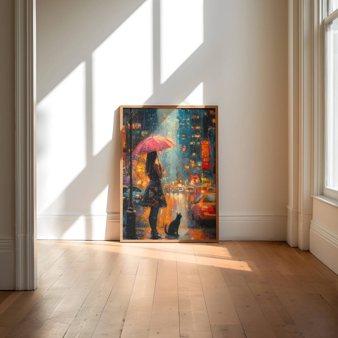 Impressionist Girl And Cat In Rain Poster Cityscape Wall Art Decor Moody Home Decor - Image 5