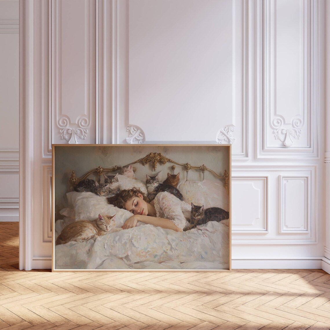 Woman Napping With Her Cats Cat Lover Wall Art - Image 4